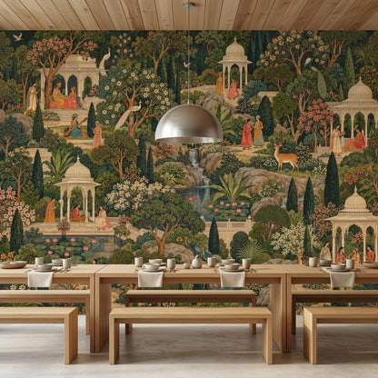 Mughal Garden Pichwai Wallpaper, Green Forest Palace Landscape (Custom Sizing)