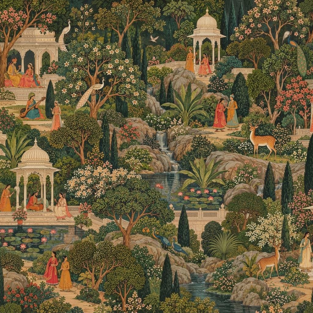Mughal Garden Pichwai Wallpaper, Green Forest Palace Landscape (Custom Sizing)