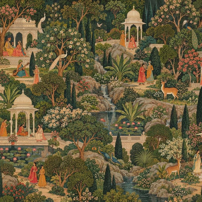 Mughal Garden Pichwai Wallpaper, Green Forest Palace Landscape (Custom Sizing)