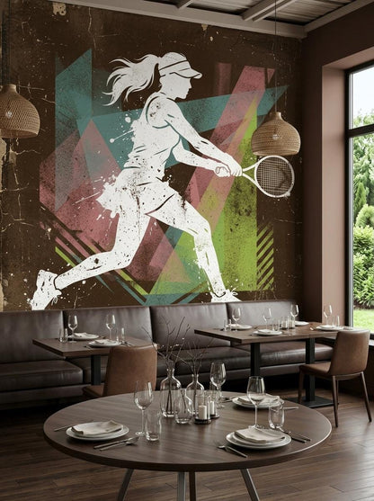Retro Tennis Player Wall Mural, Mid-Century Modern Athletic Decor, Distressed Artistic Wallpaper