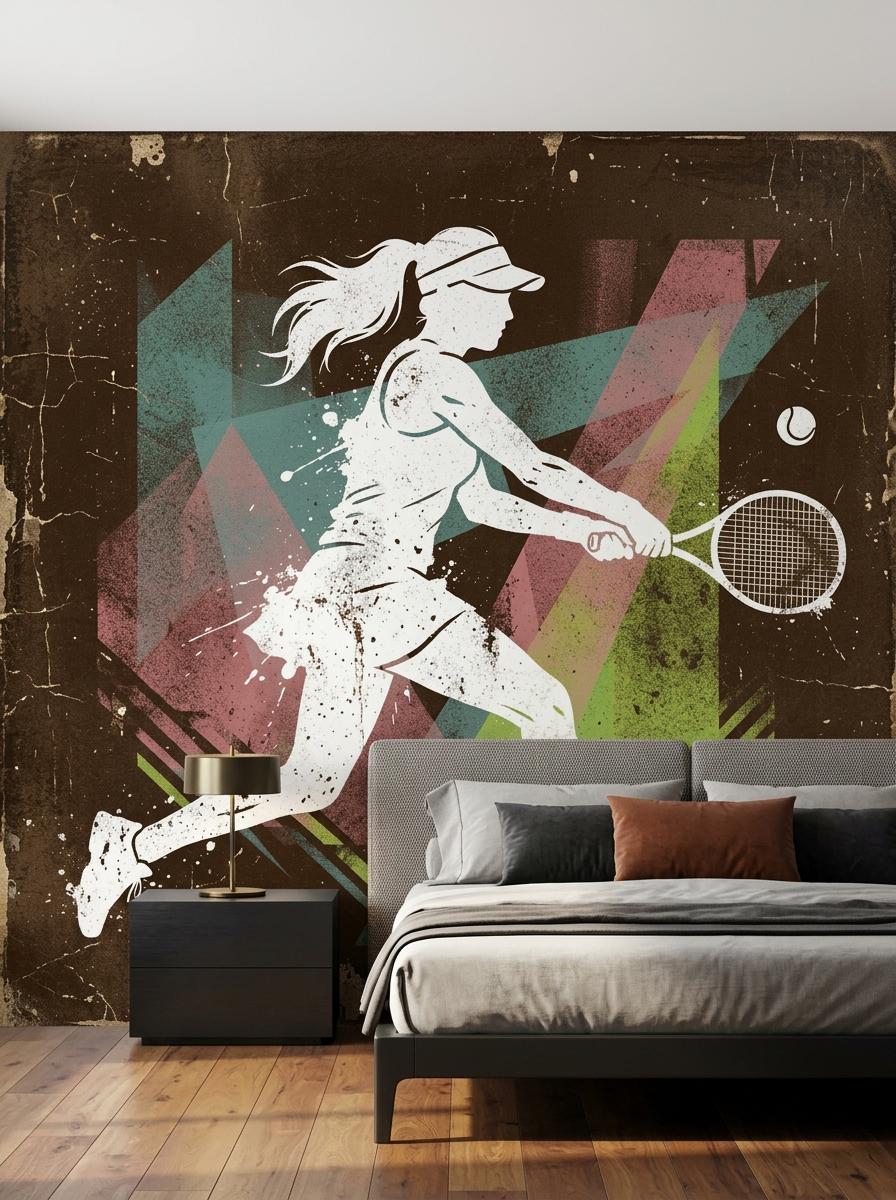 Retro Tennis Player Wall Mural, Mid-Century Modern Athletic Decor, Distressed Artistic Wallpaper