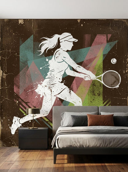 Retro Tennis Player Wall Mural, Mid-Century Modern Athletic Decor, Distressed Artistic Wallpaper