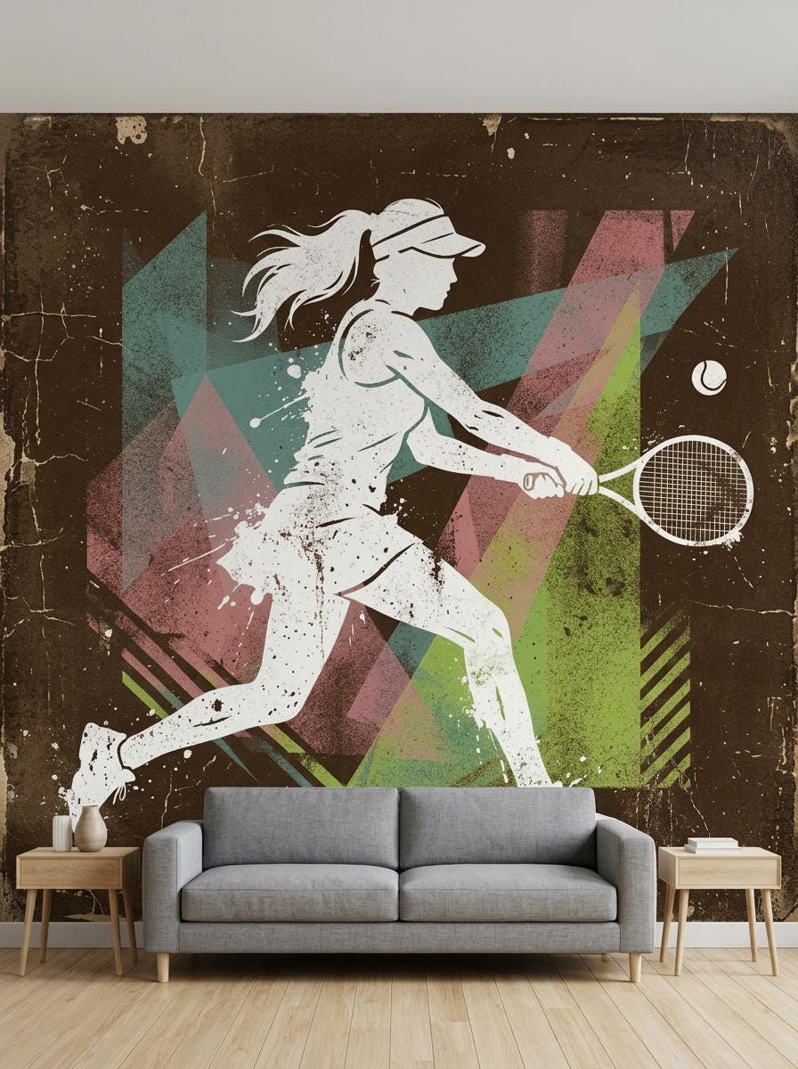 Retro Tennis Player Wall Mural, Mid-Century Modern Athletic Decor, Distressed Artistic Wallpaper