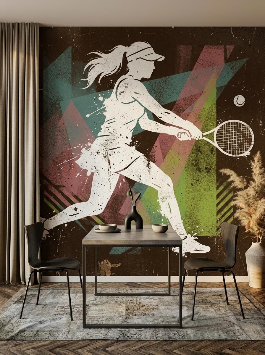 Retro Tennis Player Wall Mural, Mid-Century Modern Athletic Decor, Distressed Artistic Wallpaper