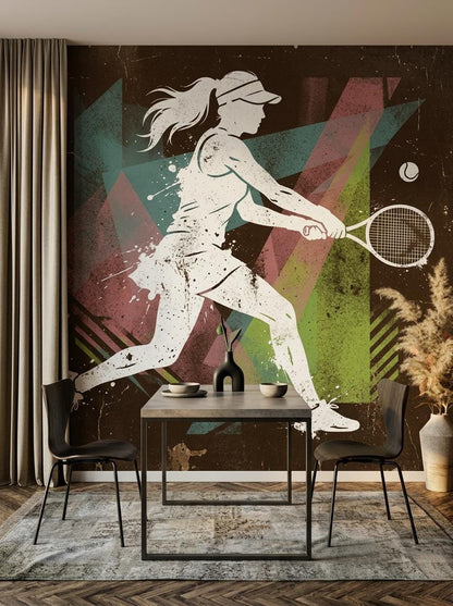 Retro Tennis Player Wall Mural, Mid-Century Modern Athletic Decor, Distressed Artistic Wallpaper