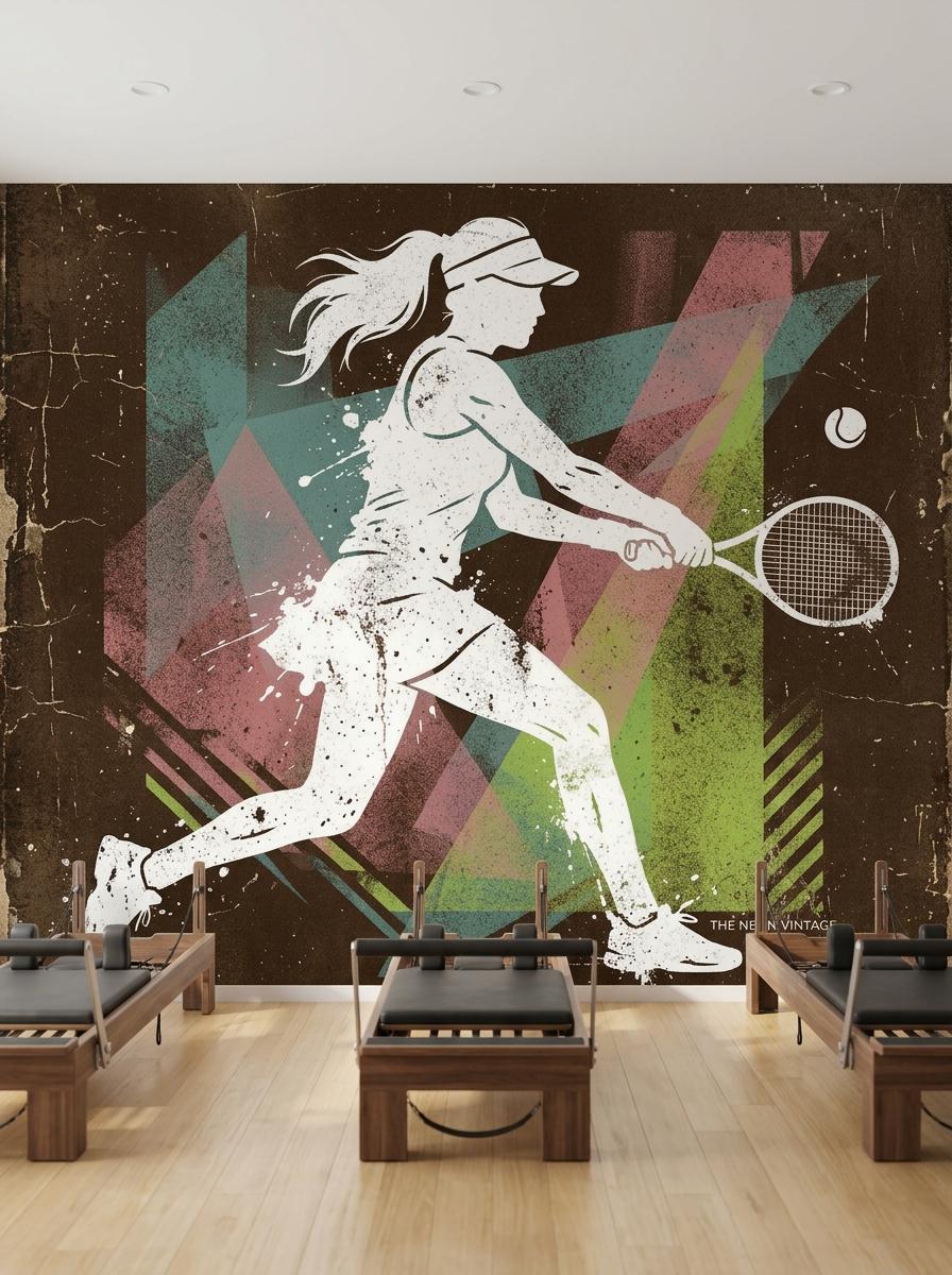 Retro Tennis Player Wall Mural, Mid-Century Modern Athletic Decor, Distressed Artistic Wallpaper