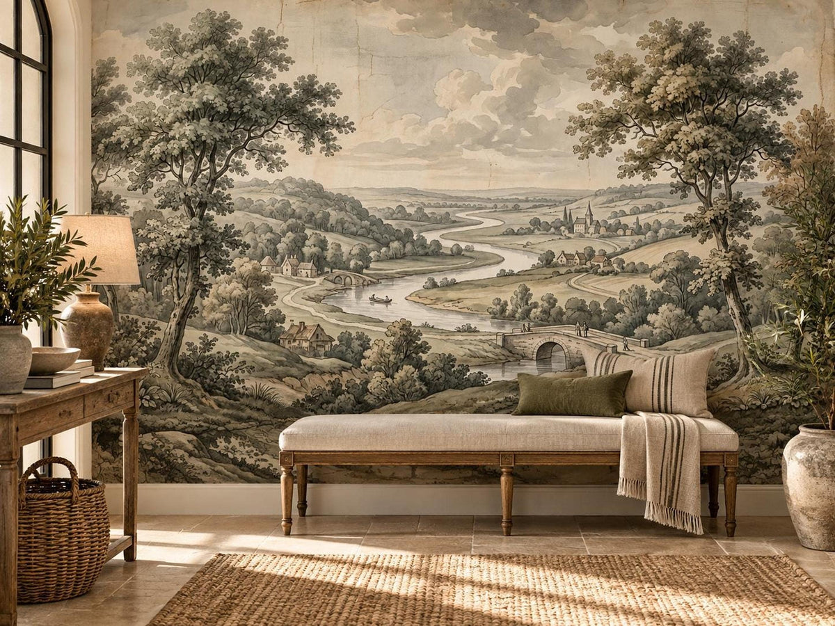 An upholstered bench with a bolster pillow and throw blanket positioned in front of a large watercolor landscape wall mural.