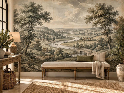 An upholstered bench with a bolster pillow and throw blanket positioned in front of a large watercolor landscape wall mural.