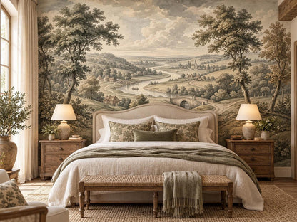 A bed with neutral bedding and wooden nightstands placed in front of a wall covered in a vintage landscape wallpaper.