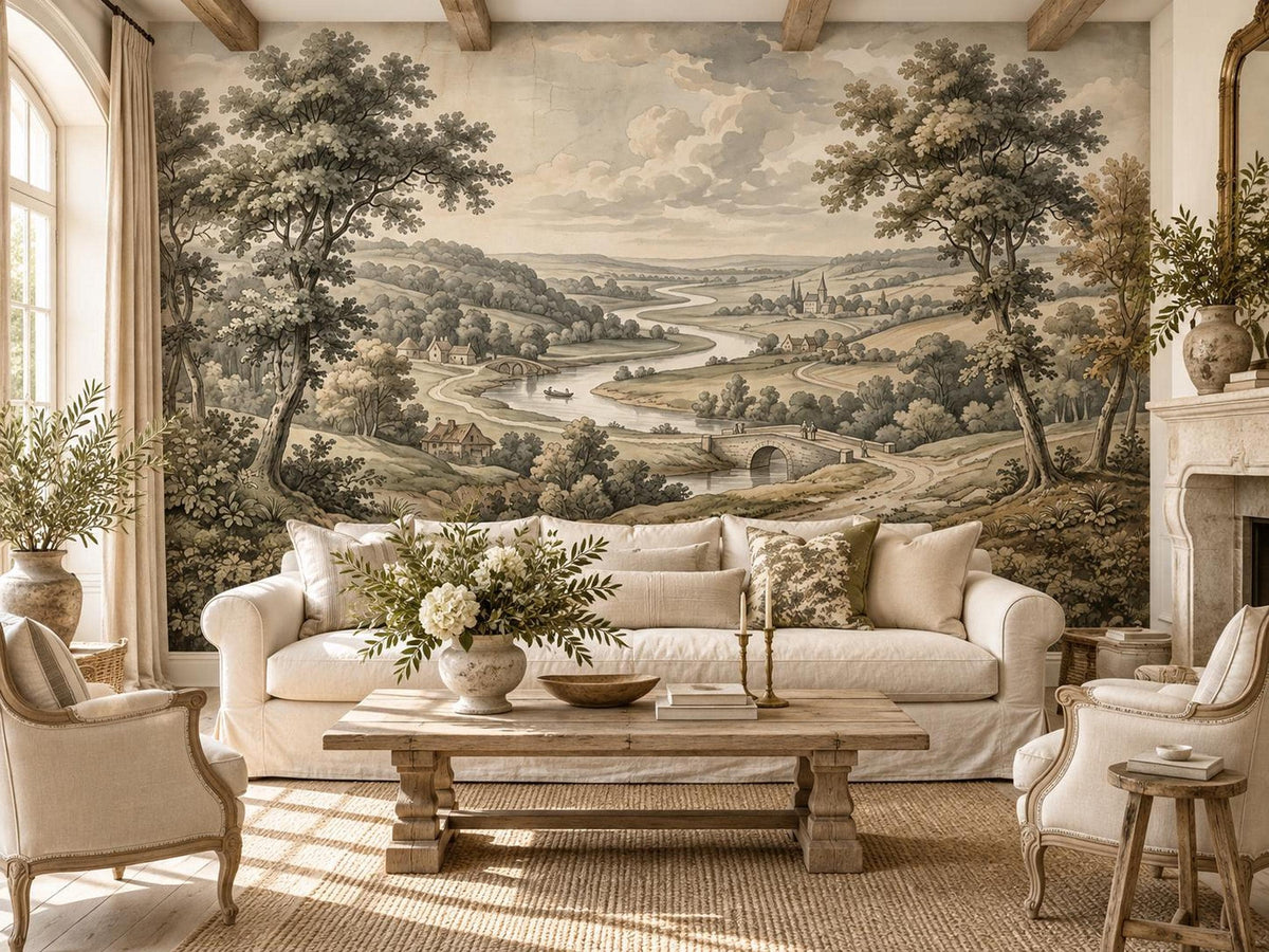 A living room with a white sofa, a wooden coffee table, and armchairs set against a wall featuring a large French country landscape mural.