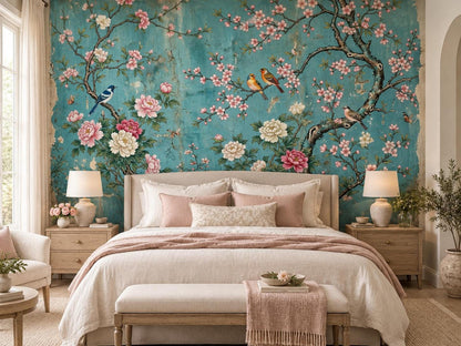A bedroom features a bed with neutral linens and pink pillows against a teal chinoiserie floral wall mural background.