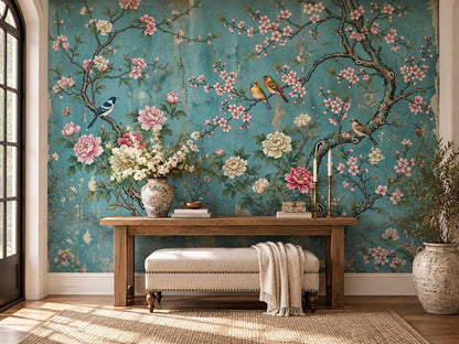A hallway console table and tufted bench sit against a textured teal chinoiserie wallpaper mural with cherry blossoms and birds.