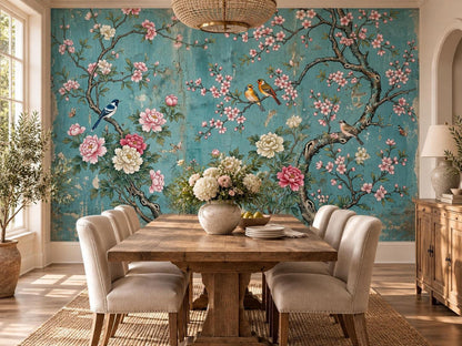 A dining area showcases a large wooden table and upholstered chairs positioned in front of a teal chinoiserie wallpaper mural.