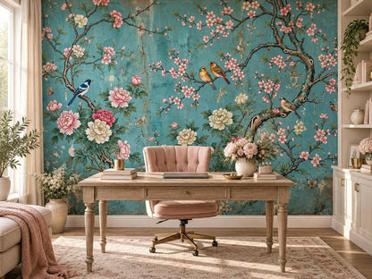A home office features a wooden desk and pink chair set against a teal chinoiserie botanical wall mural.