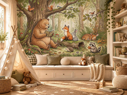 A playroom setup with a window daybed against a large watercolor wall mural of an enchanted forest with a bear, fox, deer, and other animals.
