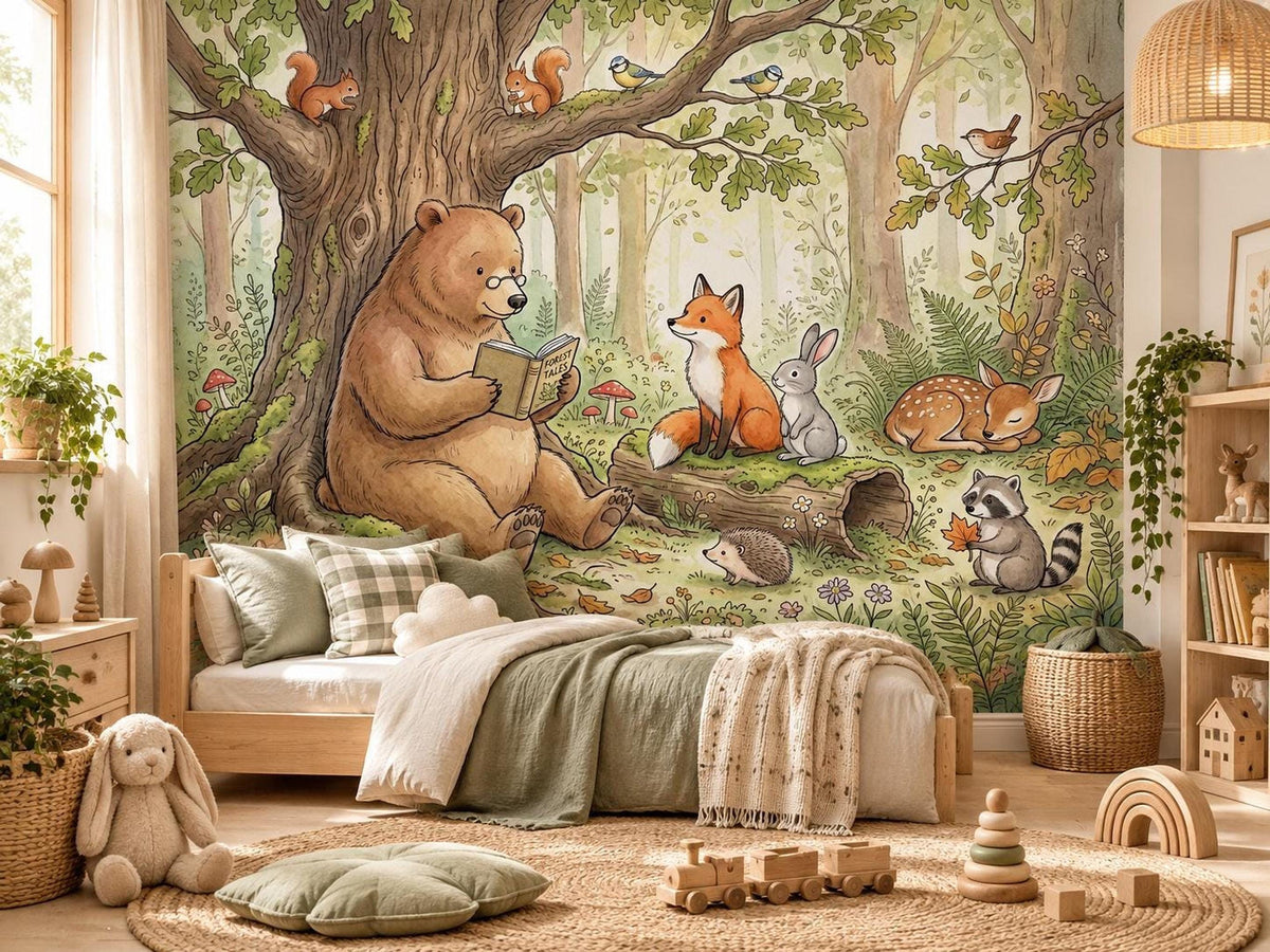 A child's bedroom features a watercolor woodland mural on the wall, showing a bear reading a book beneath a tree with various forest animals surrounding him.