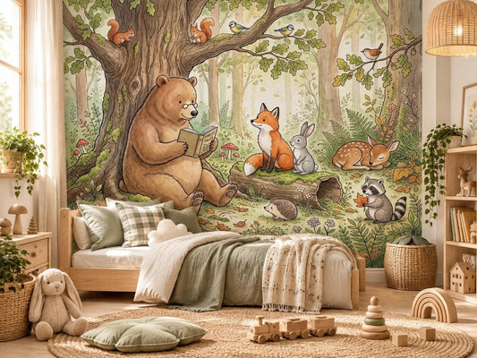 A child's bedroom features a watercolor woodland mural on the wall, showing a bear reading a book beneath a tree with various forest animals surrounding him.