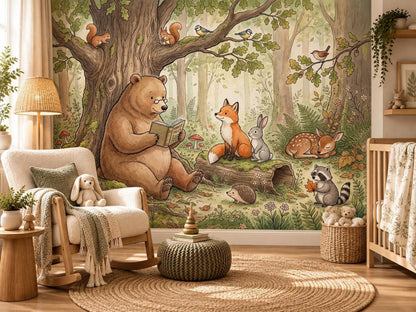 A corner of a room featuring a rocking chair and a crib, positioned in front of a detailed watercolor mural of a forest filled with storybook animals.