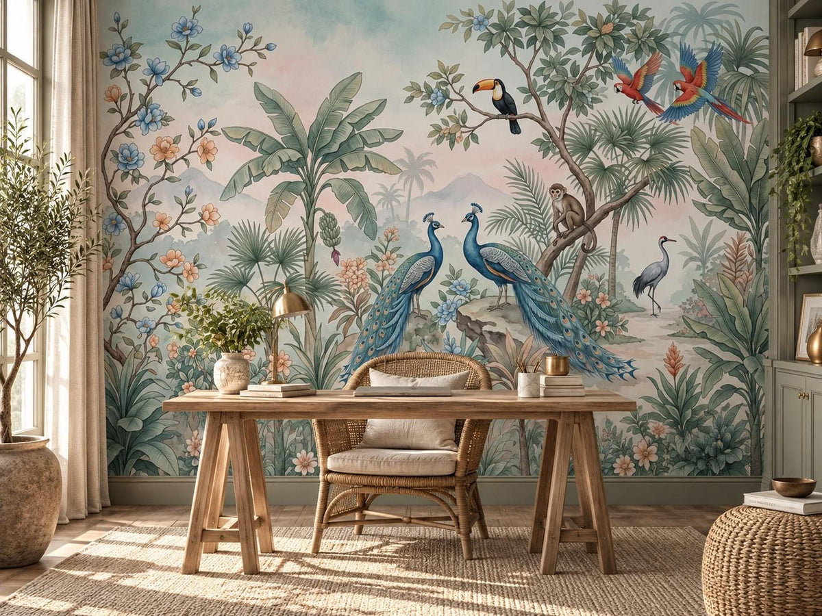 A home office featuring a wooden desk and rattan chair in front of a colorful tropical jungle wallpaper mural with exotic birds.