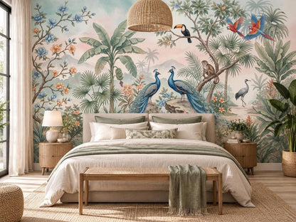 A bedroom with a upholstered bed and wooden nightstands positioned against a large tropical mural wall featuring peacocks and jungle flora.