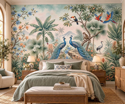 A bedroom featuring a bed with green bedding and matching nightstands positioned in front of a vibrant tropical jungle wall mural.