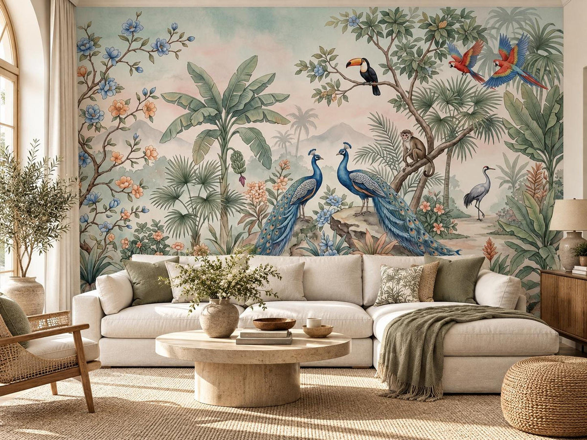 A living room with a large tropical jungle wallpaper mural featuring peacocks, toucans, parrots, and botanical trees behind a white sectional sofa.