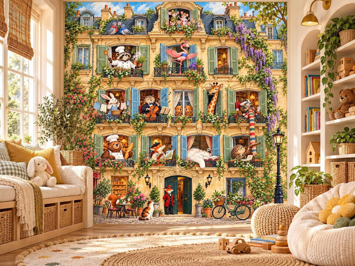 A brightly lit playroom featuring the Parisian apartment animal mural above a low bench seating area and a knit pouf.