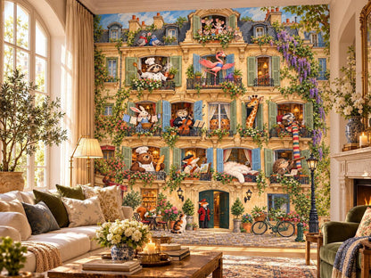 The Parisian apartment wall mural displayed in a bright, elegant living room with a white sofa, coffee table, and large window.
