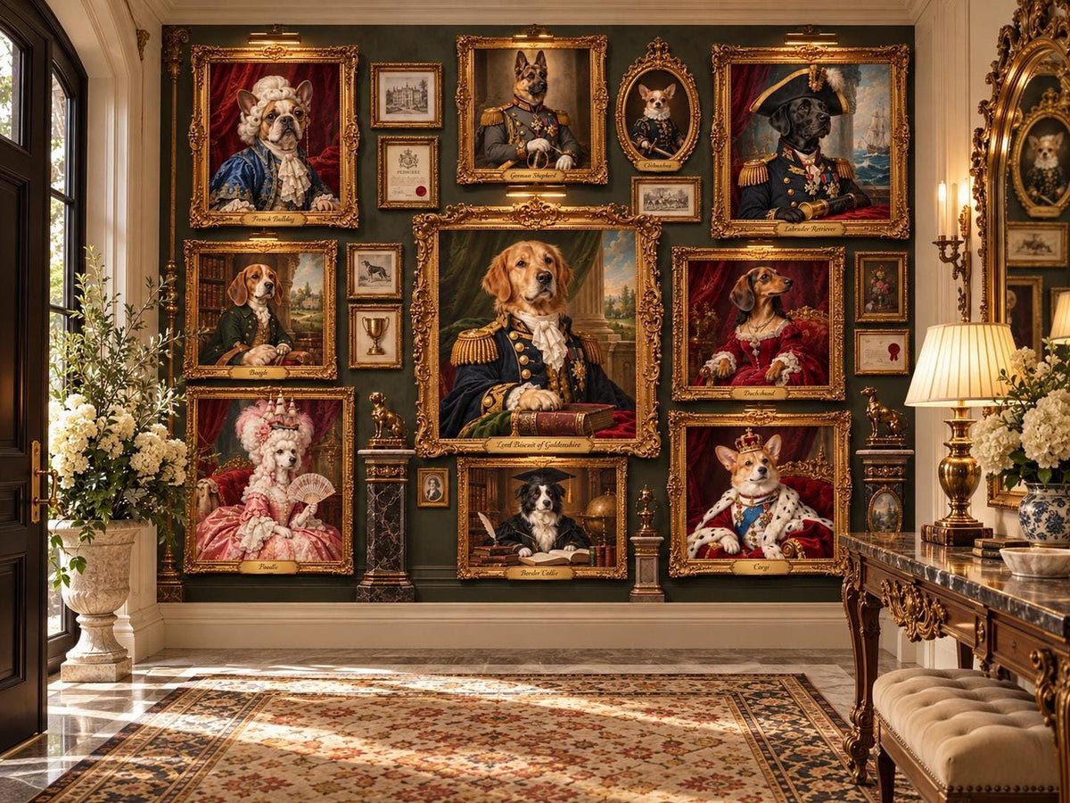 A gallery wall of framed pet portraits in historical military and royal attire mounted on dark green walls in a sunlit hallway.