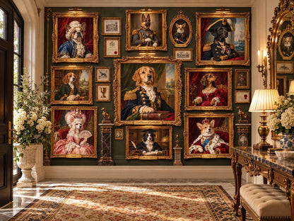 A gallery wall of framed pet portraits in historical military and royal attire mounted on dark green walls in a sunlit hallway.