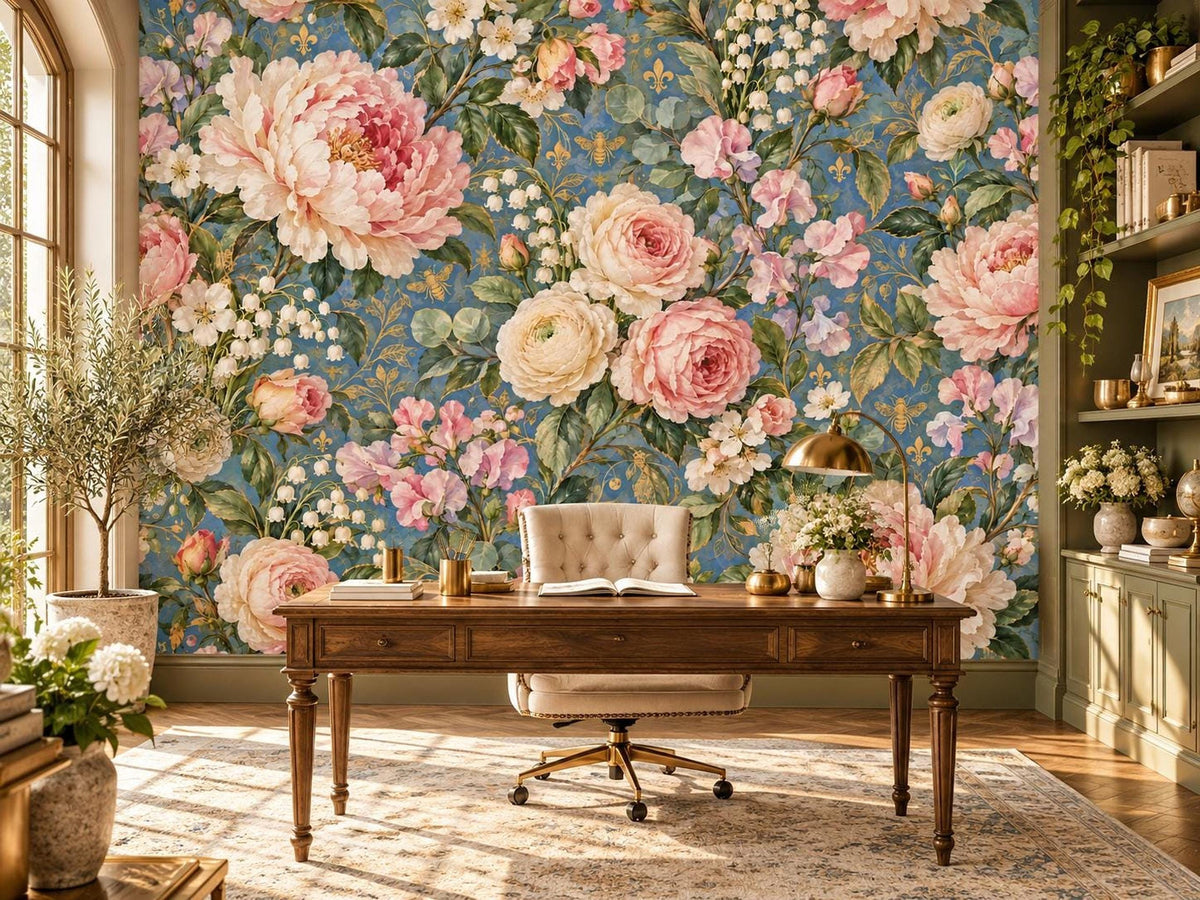 A home office setup featuring a wooden desk and chair against a large floral wallpaper mural with pink peonies and blue background.