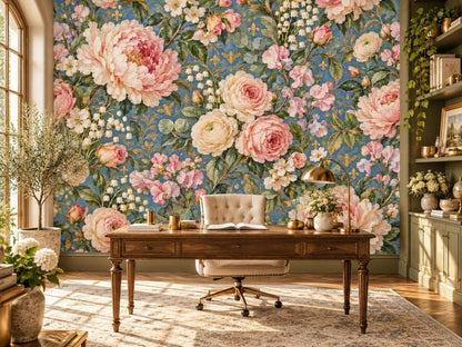 A home office setup featuring a wooden desk and chair against a large floral wallpaper mural with pink peonies and blue background.