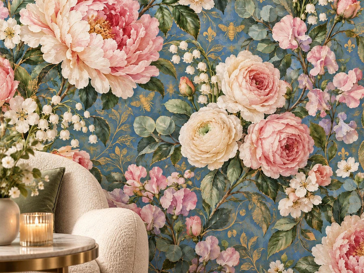 A close-up view of a floral wallpaper featuring pink peonies, cream roses, small white flowers, and green leaves on a blue patterned background, partially obscured by a white chair and side table.