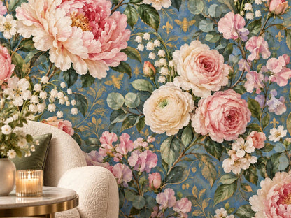 A close-up view of a floral wallpaper featuring pink peonies, cream roses, small white flowers, and green leaves on a blue patterned background, partially obscured by a white chair and side table.