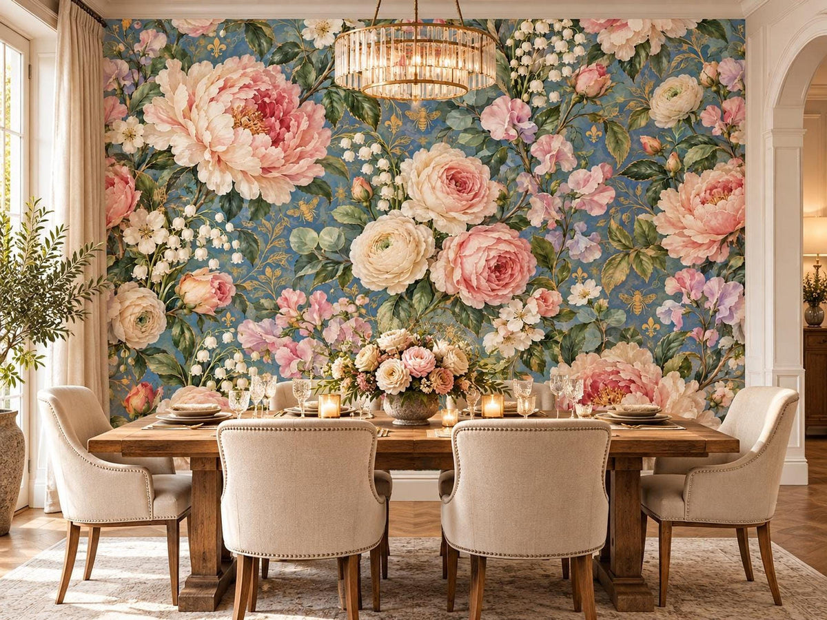 A dining room featuring a floral wallpaper mural with large pink peonies and lilies on a blue background, centered behind a wooden dining table and upholstered chairs.