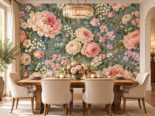 A dining room featuring a floral wallpaper mural with large pink peonies and lilies on a blue background, centered behind a wooden dining table and upholstered chairs.