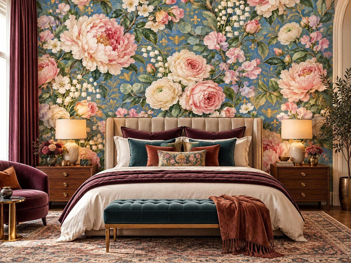 A bedroom with an upholstered bed and teal bench, set against a wall covered in vintage-style floral wallpaper with pink peonies and a blue background.