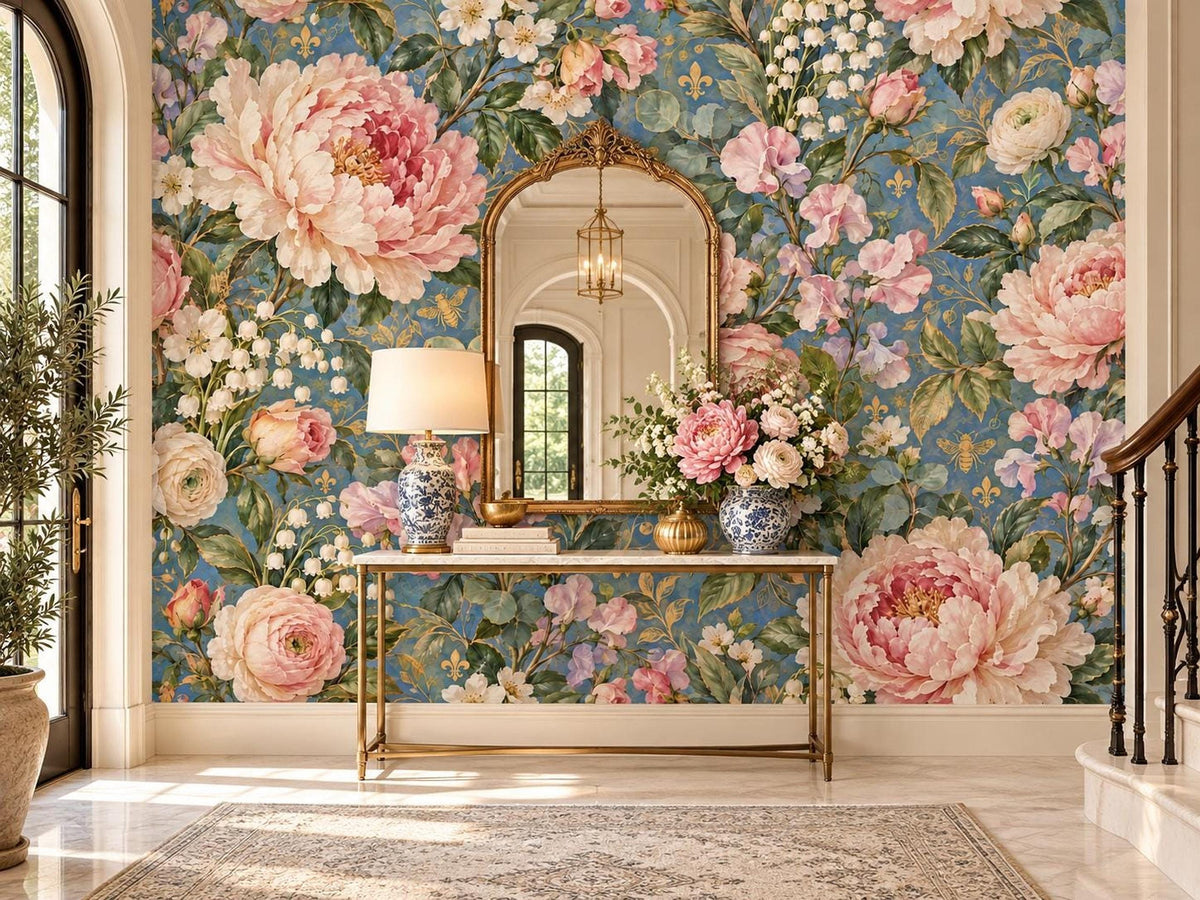 A hallway featuring a console table and ornate gold mirror against a wall covered in floral wallpaper with large pink peonies and a blue background.