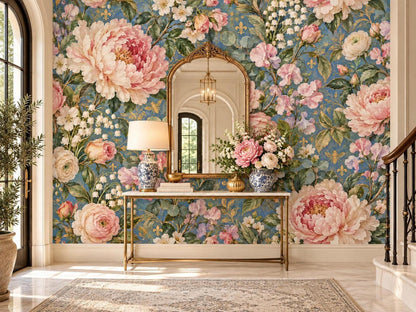 A hallway featuring a console table and ornate gold mirror against a wall covered in floral wallpaper with large pink peonies and a blue background.