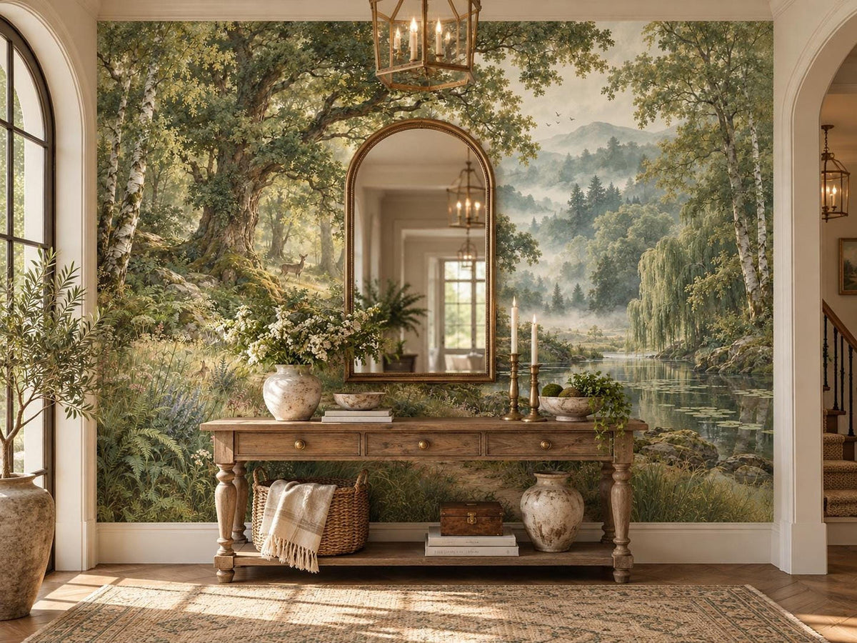 A rustic wooden console table with vases and candles sits against a large vintage landscape wall mural of a misty forest and river.