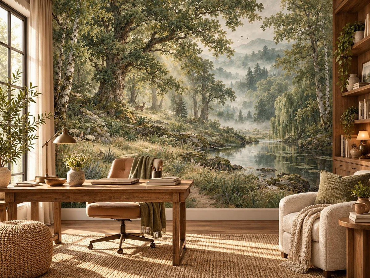 A home office setup includes a wooden desk and chair placed against a full wall covered in an enchanted forest landscape mural.