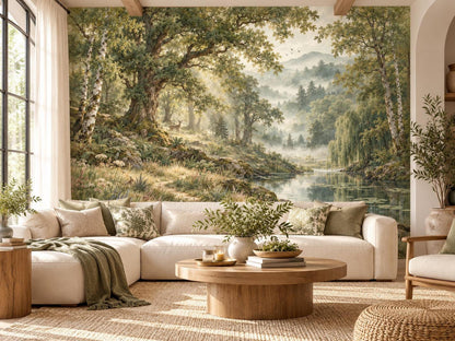 A living room features a large vintage forest landscape wall mural behind a white sectional sofa and a round wooden coffee table.