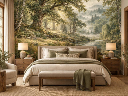 A bedroom showcases a scenic forest and river wall mural behind a bed styled with neutral linens, green pillows, and a matching throw.