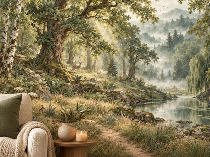 A close-up view of the vintage forest wallpaper mural displays a winding path, a deer, and a serene river surrounded by misty woods.
