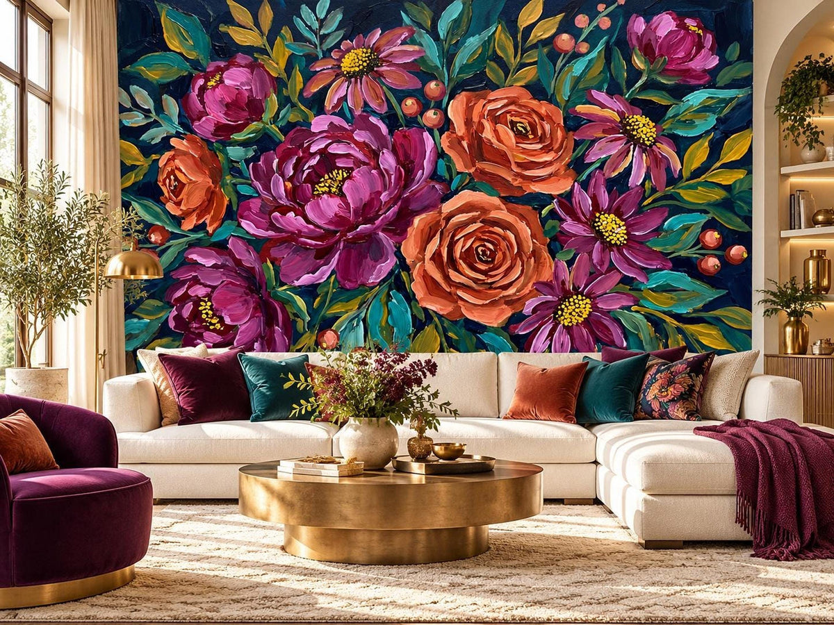 A living room with a white sectional sofa against a dark teal wall featuring an impressionist floral mural of large pink, purple, and orange flowers.