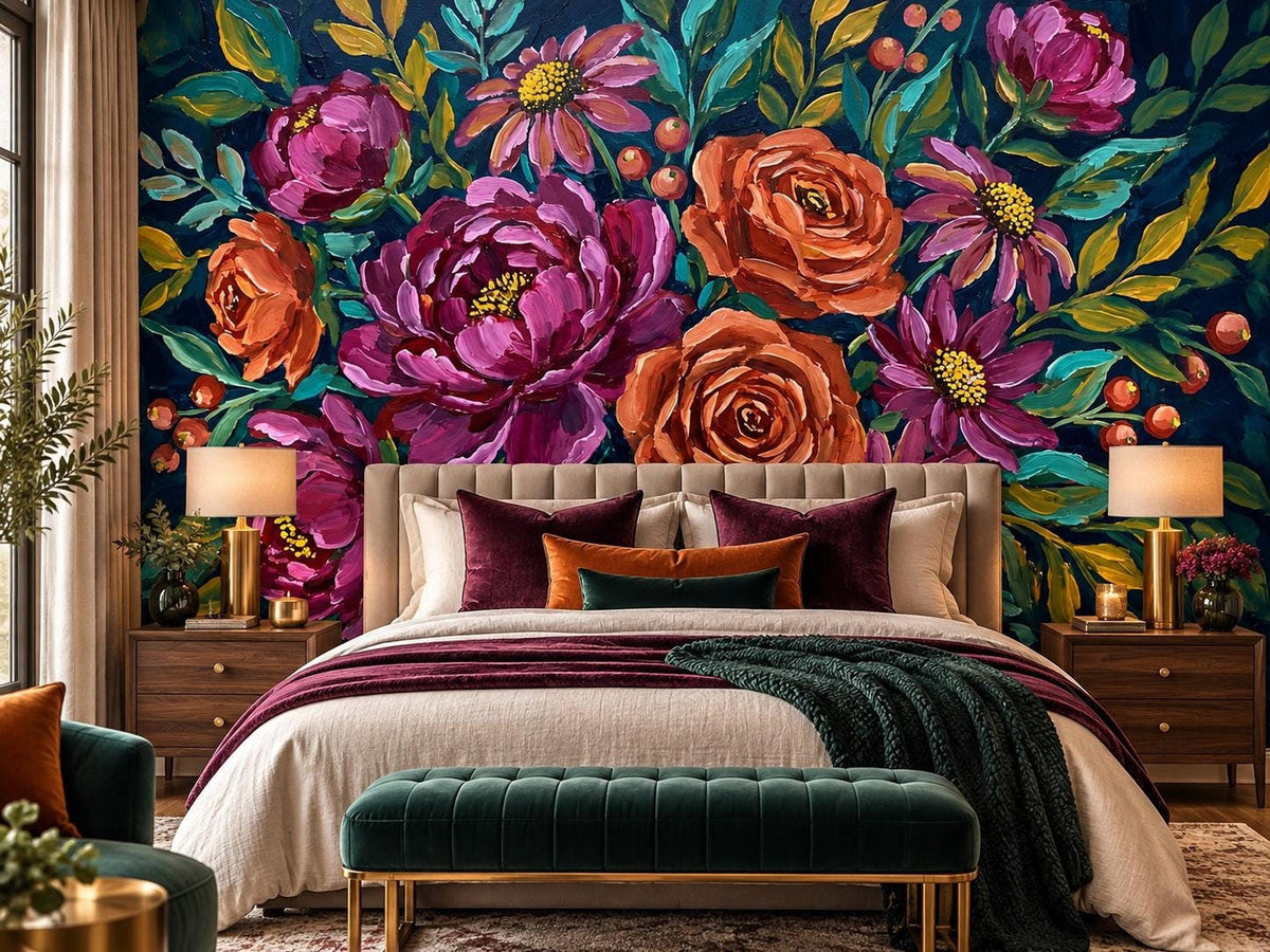 A bedroom featuring a bed with neutral linens and dark red pillows positioned against a textured dark teal wall with a large impressionist floral mural.