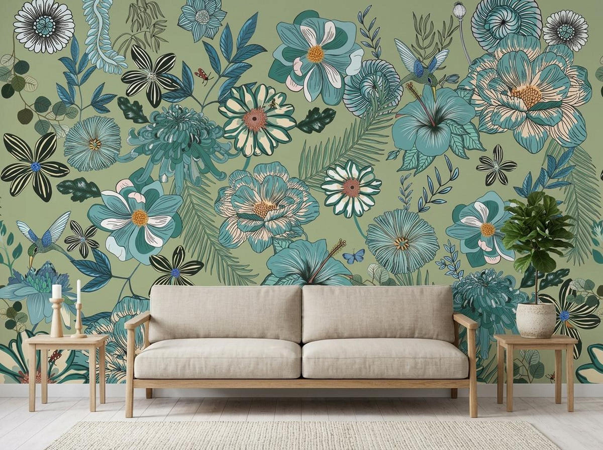 A light beige sofa is centered against a large sage green botanical wallpaper mural adorned with blue and white flowers and hummingbirds.