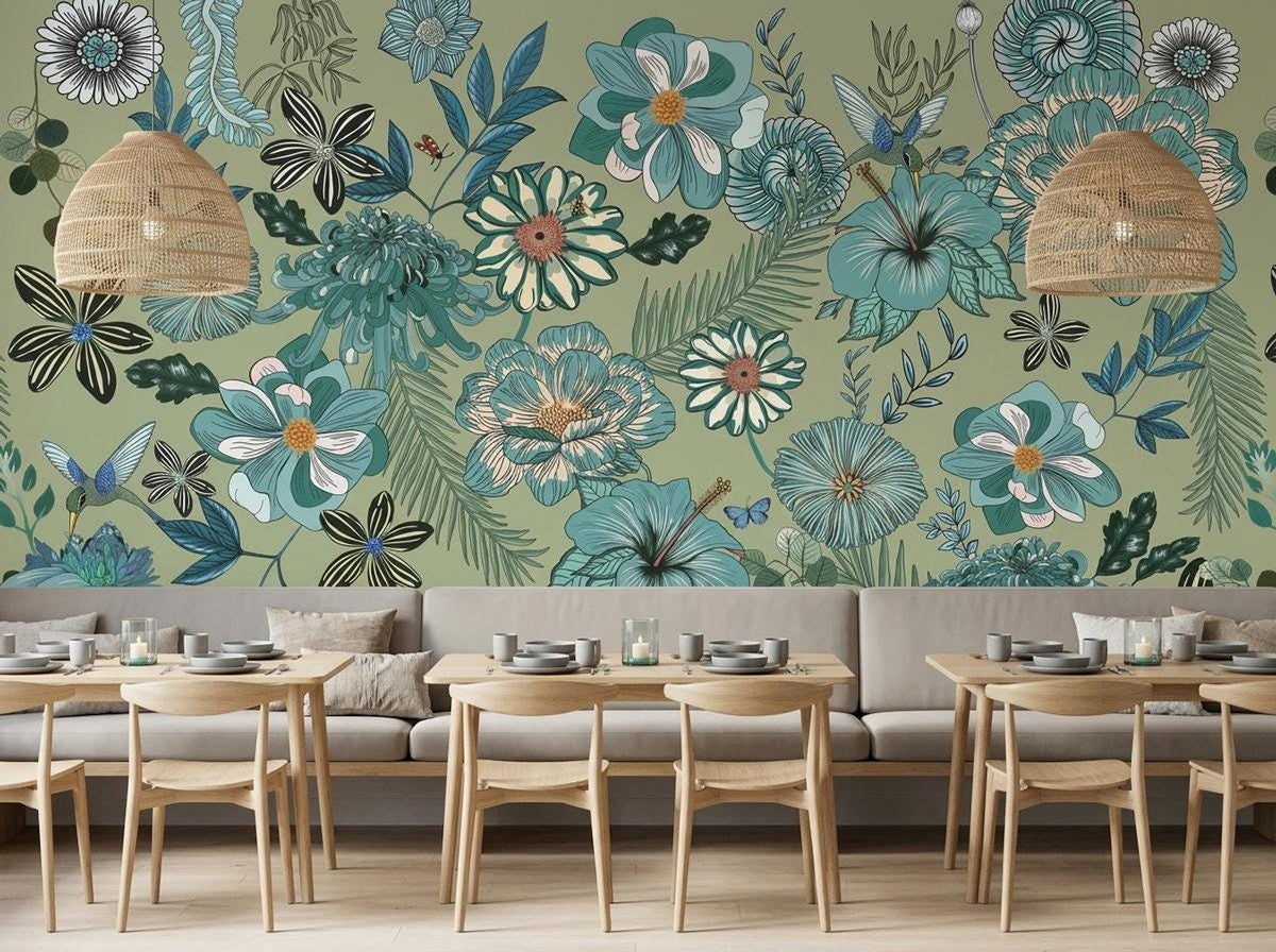 Two pendant lights hang over long dining tables and chairs arranged in front of a large sage green wall covered in blue botanical illustrations.