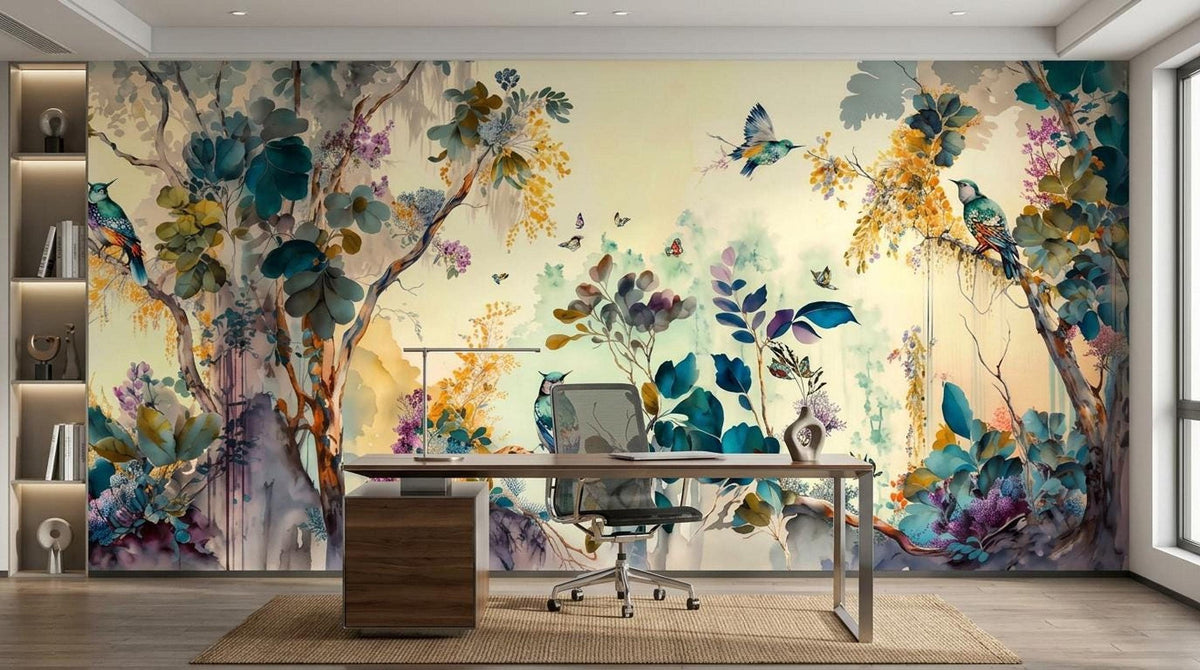 An office with a desk and chair in front of a watercolor botanical wallpaper depicting a forest scene with birds and butterflies.