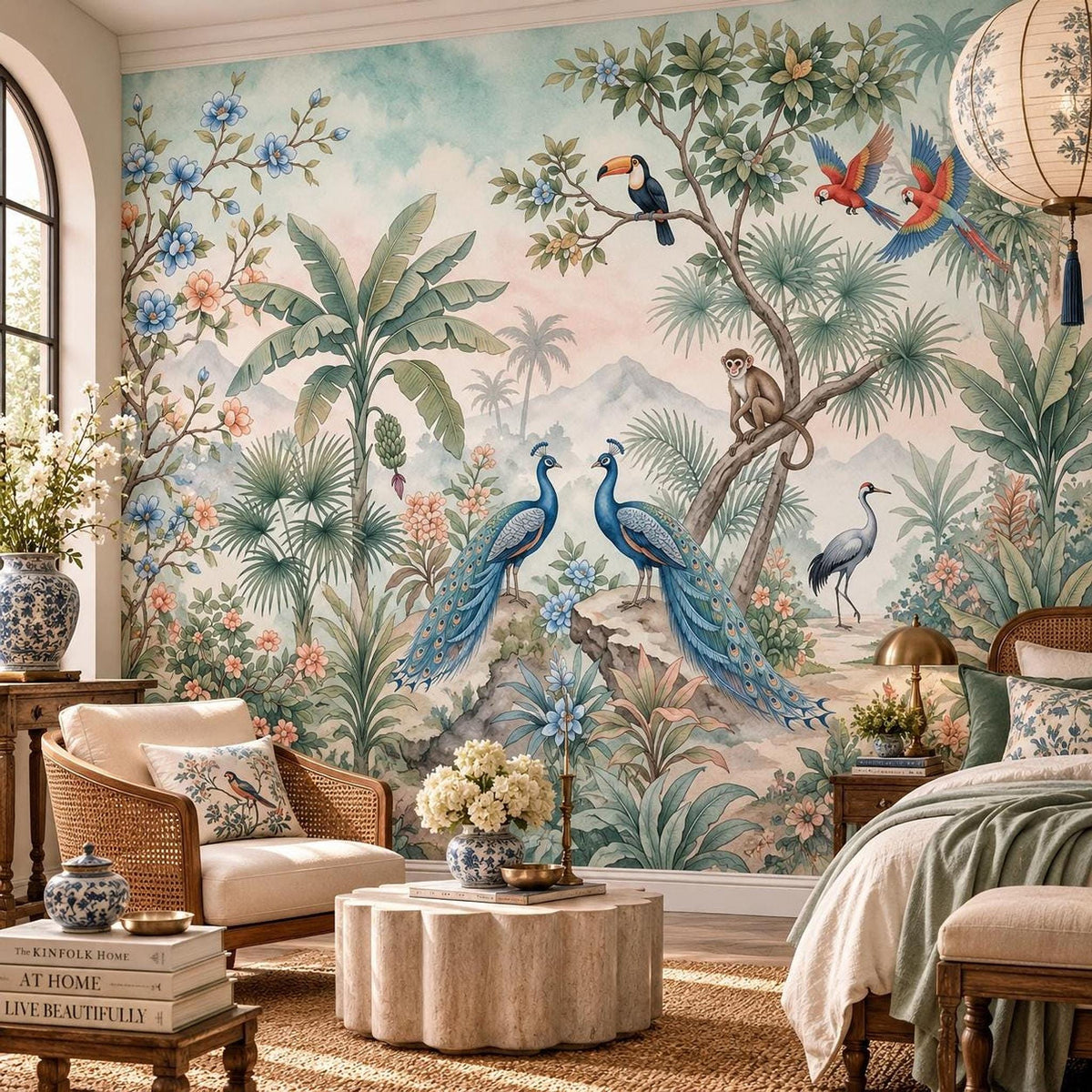 A tropical mural wallpaper featuring peacocks, toucans, parrots, and a monkey in a jungle setting, displayed in a bedroom with a bed and armchair.